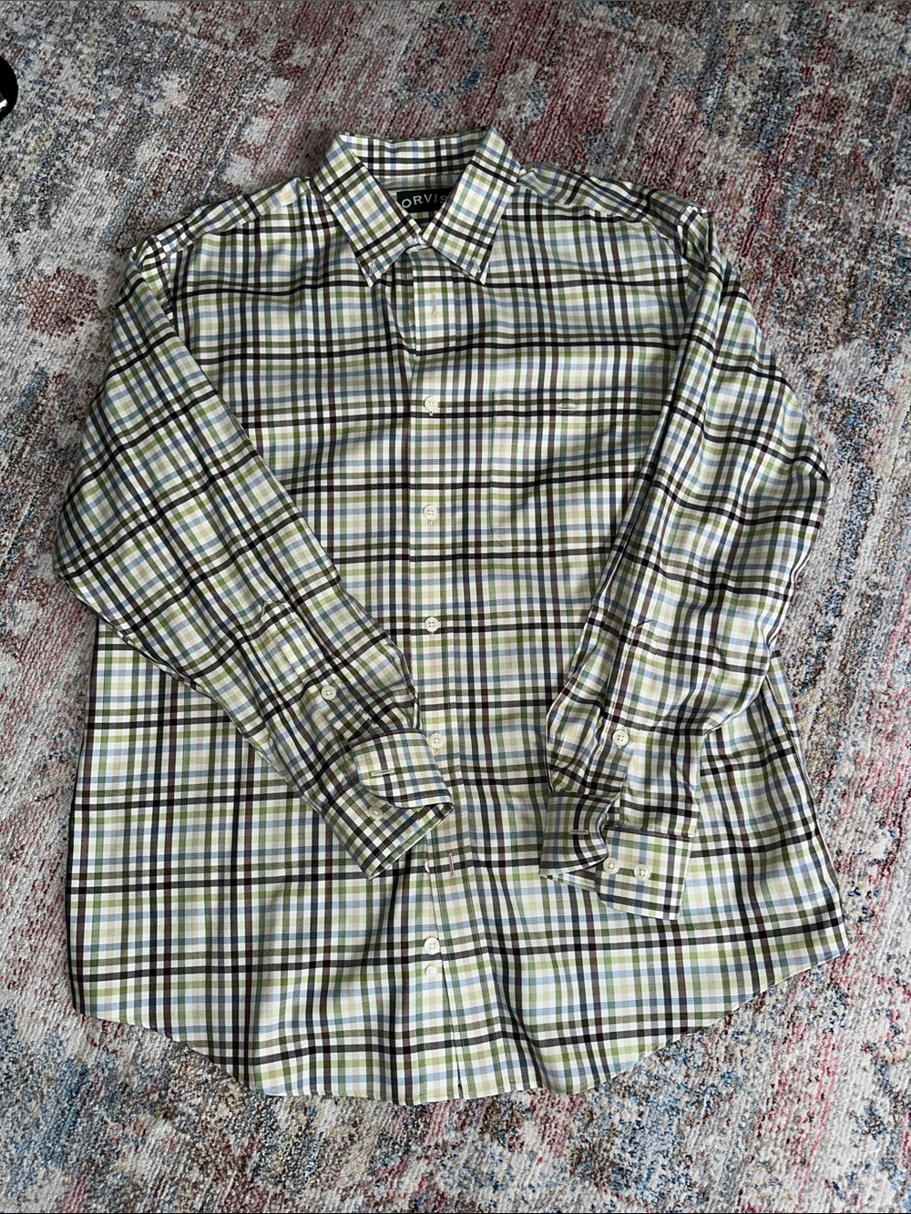 Orvis Men's Green, Blue and White Plaid Button-Down Shirt-L